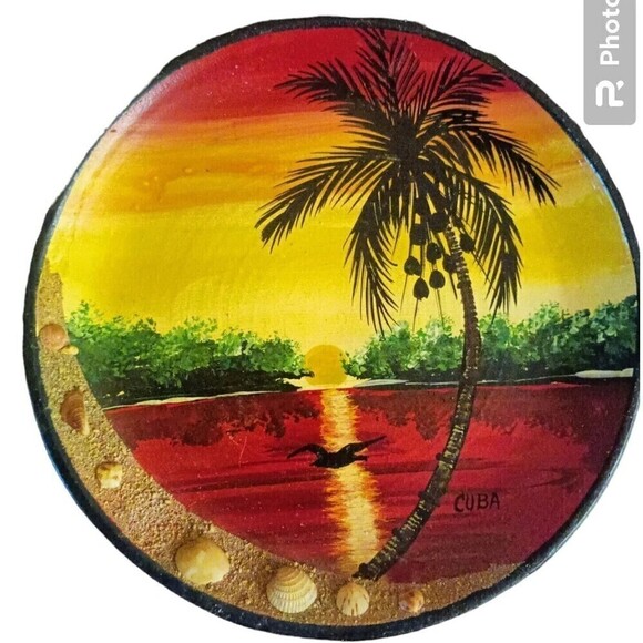 Tropical Cuba Seashell Plate Hand Painted  Wall Hanging 9" Clay Unbranded - Picture 1 of 7